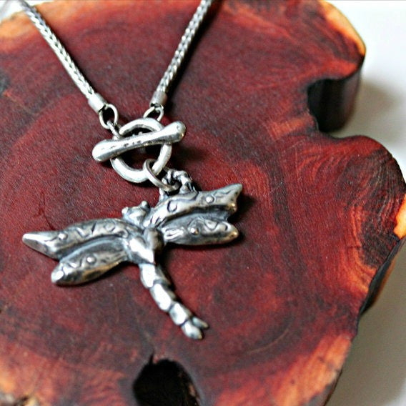 Dragonfly sterling silver toggle closure necklace artist made